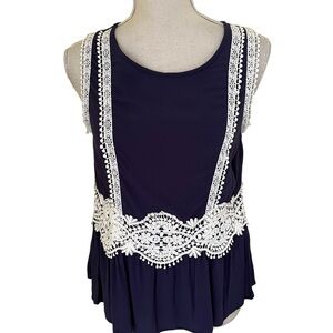 Collective Concepts Navy Blue with White Lace Trim Sleeveless Blouse XS